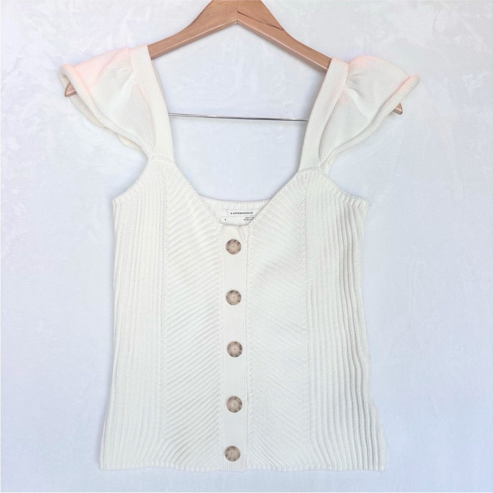 White Knit Button-Front Ruffle Strap Tank Top